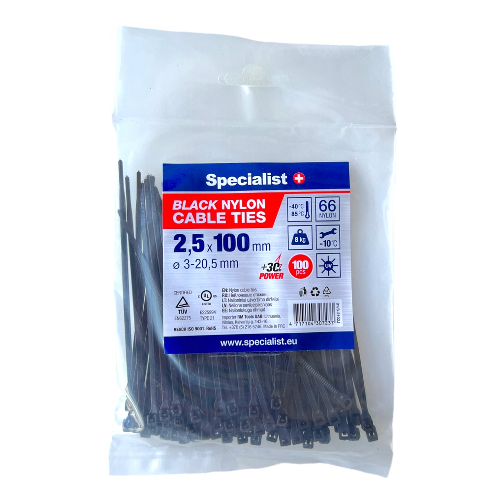 SPECIALIST+ nylon cable ties, black, 2.5x100 mm, 100 pcs