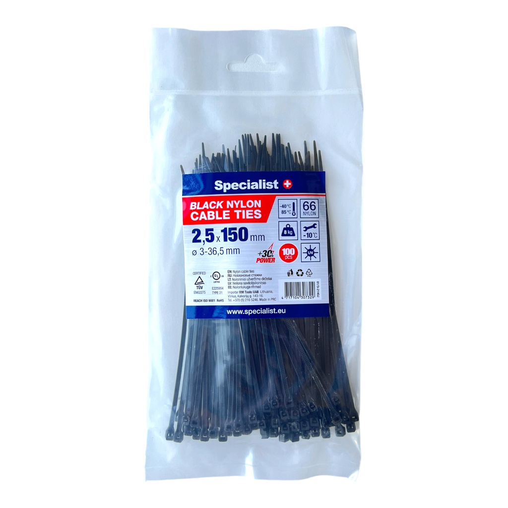 SPECIALIST+ nylon cable ties, black, 2.5x150 mm, 100 pcs