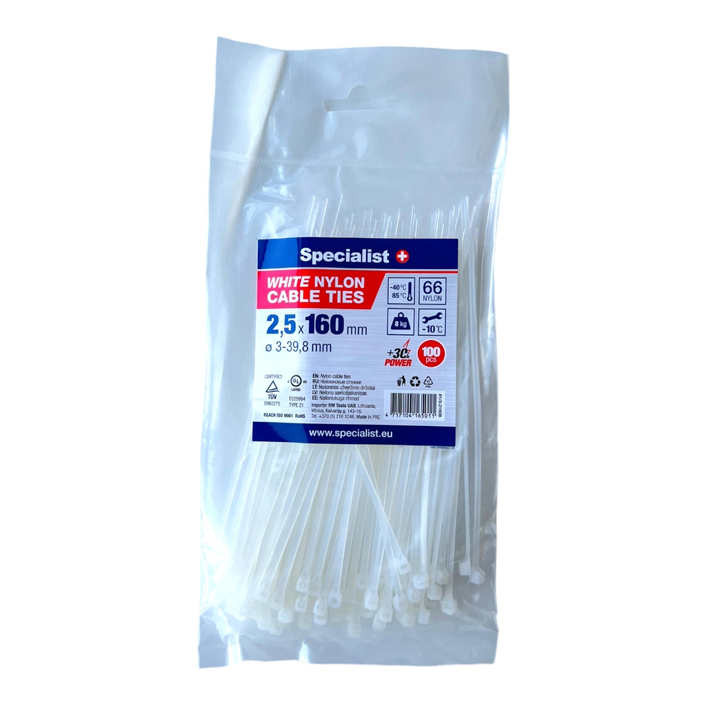 SPECIALIST+ nailonist kaabliside, valge, 2.5x160 mm, 100 tk