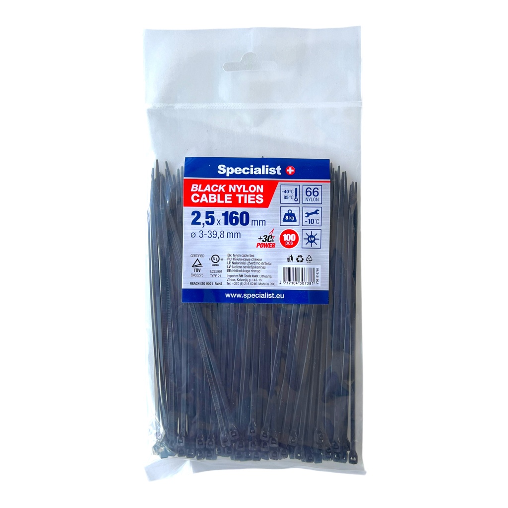 SPECIALIST+ nylon cable ties, black, 2.5x160 mm, 100 pcs