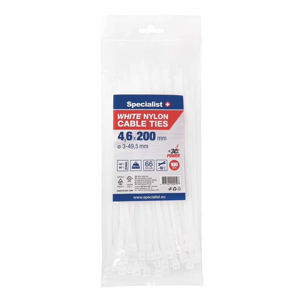 SPECIALIST+ nailonist kaabliside, valge, 4.6x200 mm, 100 tk