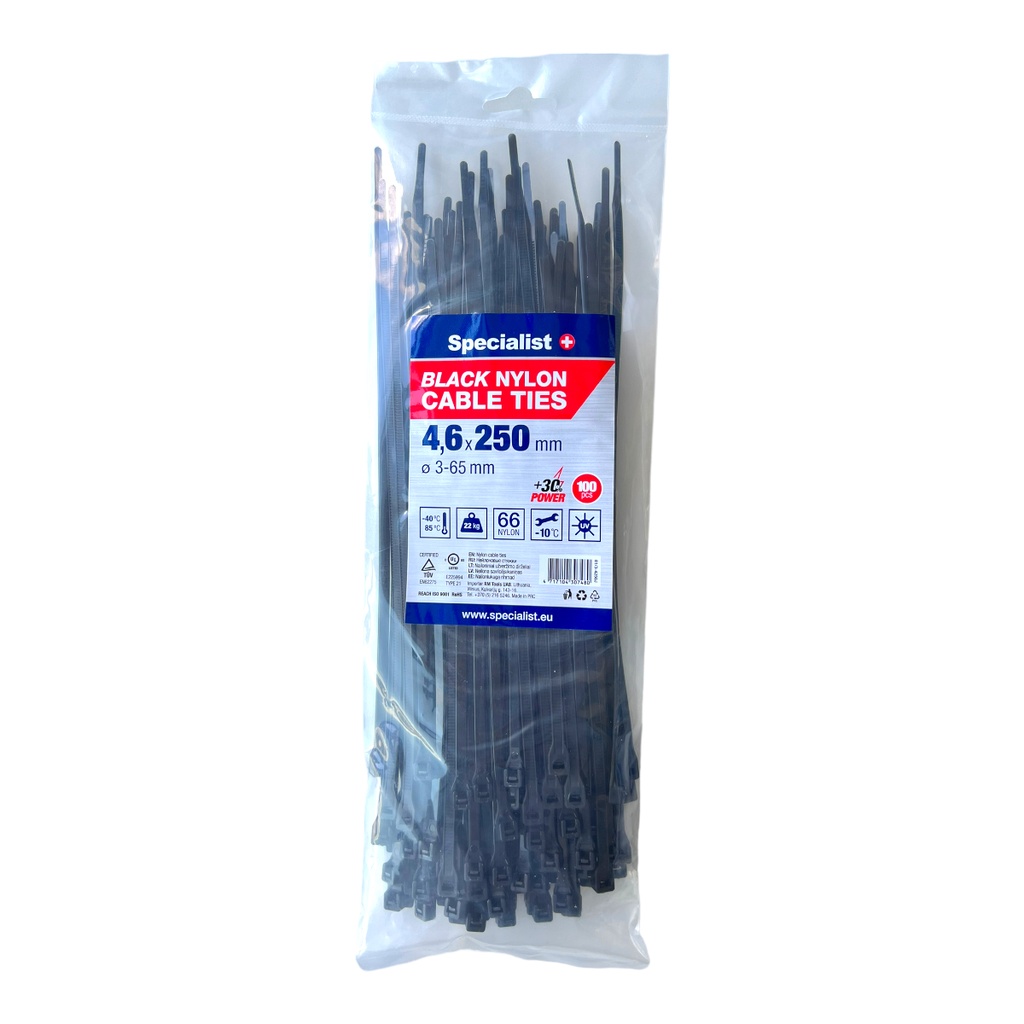 SPECIALIST+ nylon cable ties, black, 4.6x250 mm, 100 pcs