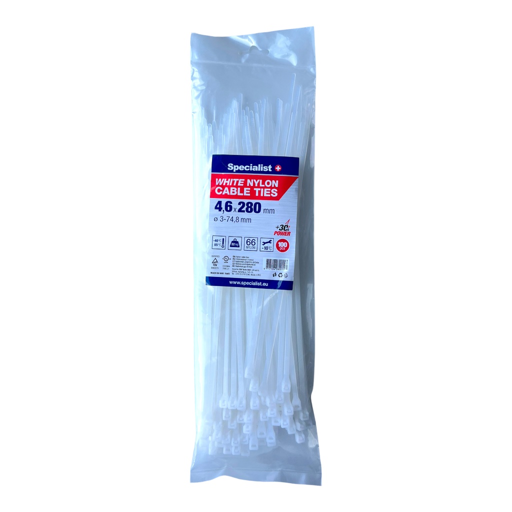 SPECIALIST+ nailonist kaabliside, valge, 4.6x280 mm, 100 tk