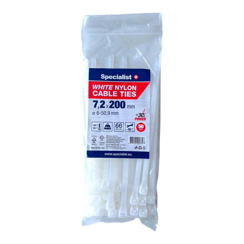 SPECIALIST+ nylon cable ties, white, 7.6x200 mm, 50 pcs