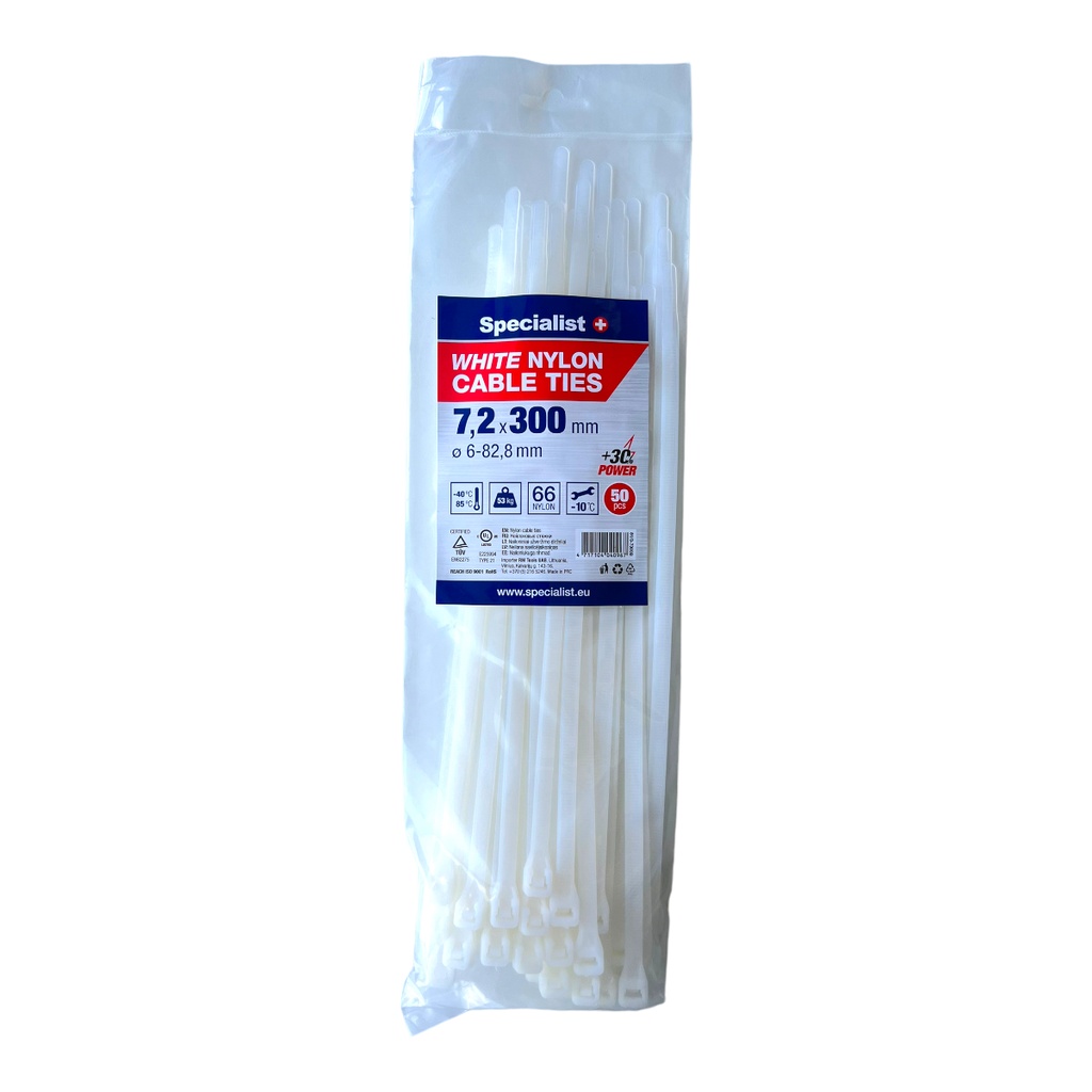 SPECIALIST+ nylon cable ties, white, 7.6x300 mm, 50 pcs