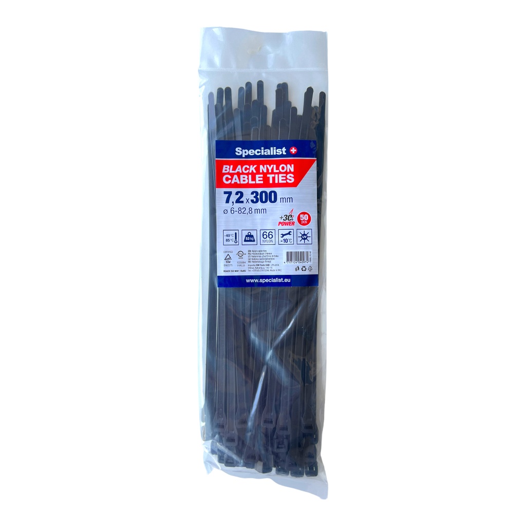 SPECIALIST+ nylon cable ties, black, 7.6x300 mm, 50 pcs