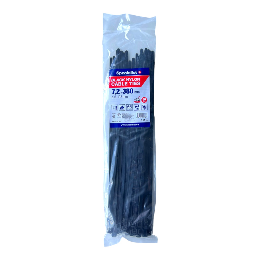 SPECIALIST+ nylon cable ties, black, 7.6x370 mm, 50 pcs