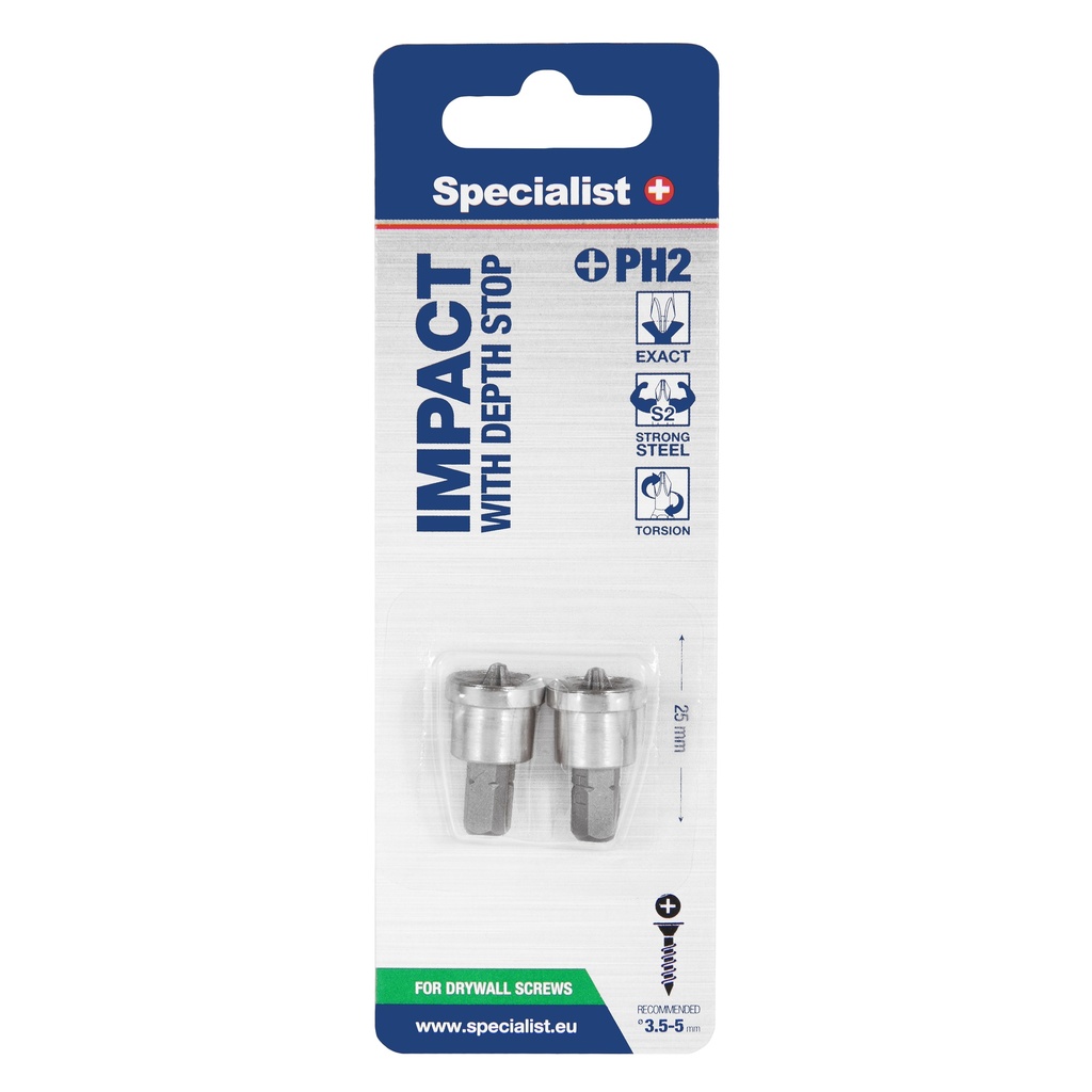 SPECIALIST+ piirajaga kruvikeeraja otsik PH2, 25mm, 2 tk