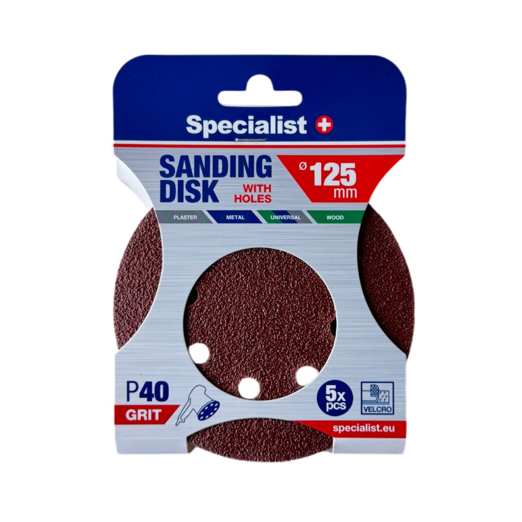 SPECIALIST+ velcro sanding disks with holes P40, 125 mm, 5 pcs
