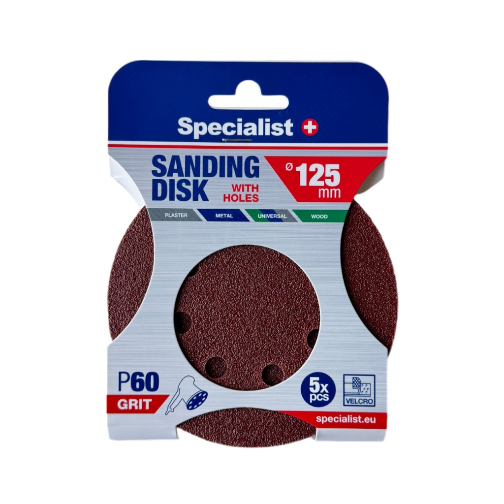 SPECIALIST+ velcro sanding disks with holes P60, 125 mm, 5 pcs