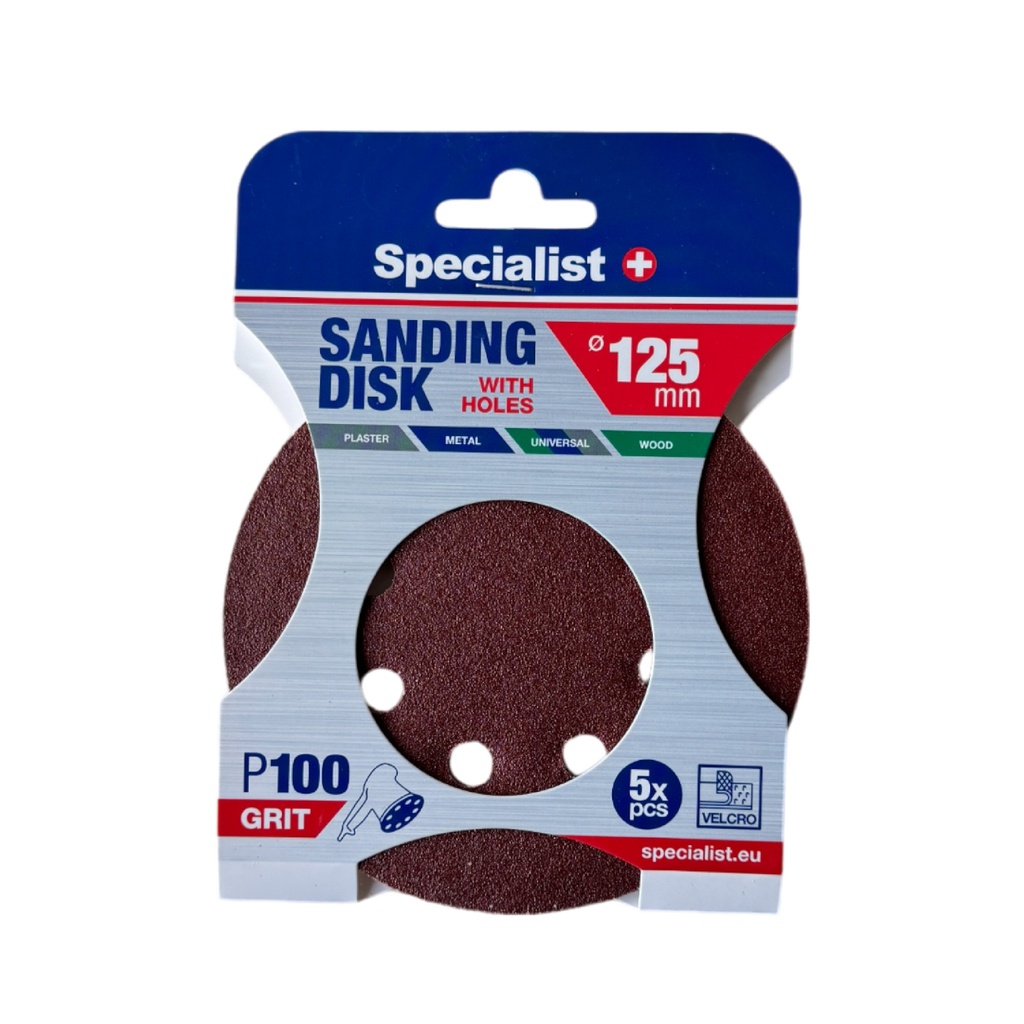 SPECIALIST+ velcro sanding disks with holes P100, 125 mm, 5 pcs
