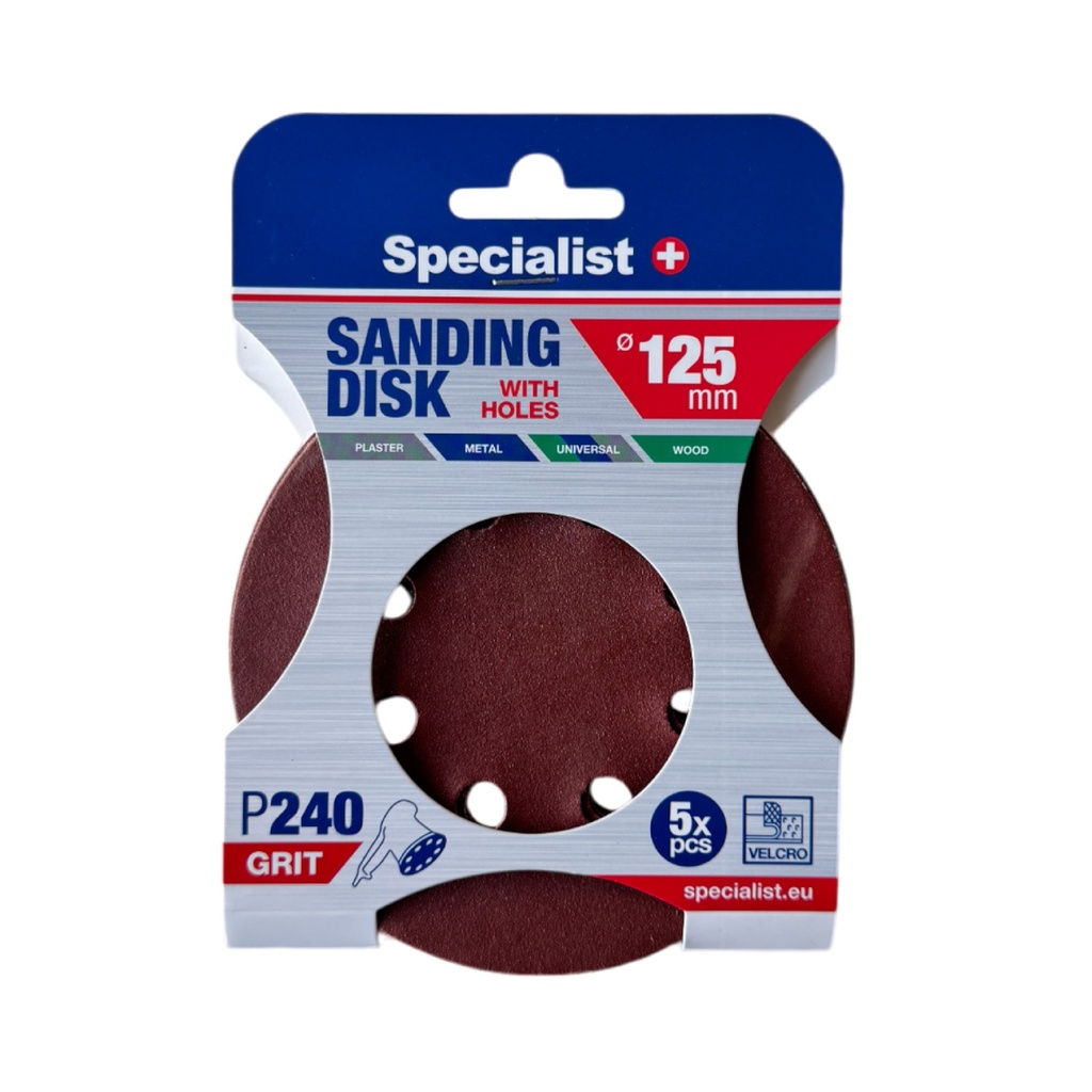 SPECIALIST+ velcro sanding disks with holes P240, 125 mm, 5 pcs