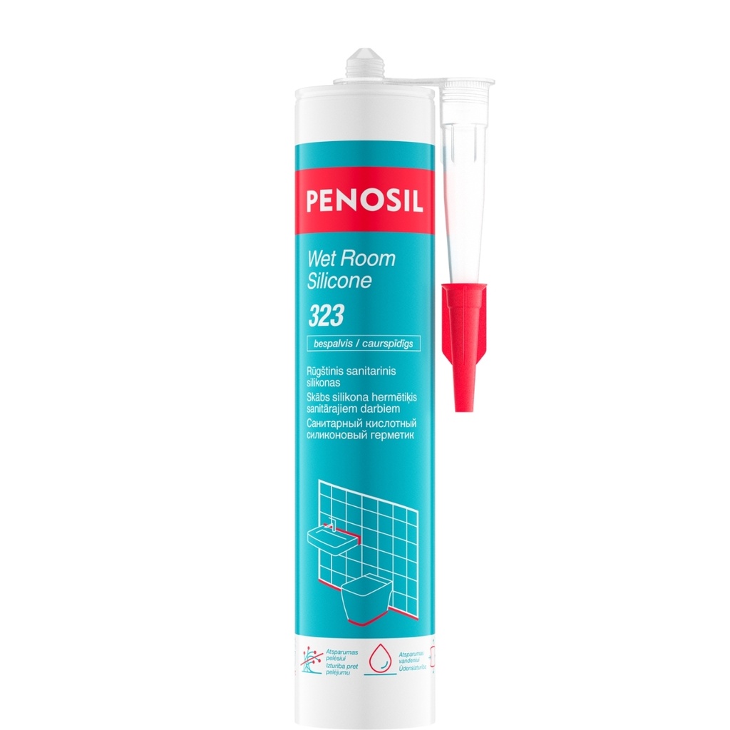 Rūgštinis sanitarinis silikonas Wet Room Silicone 323, bespalvė, 280 ml, PENOSIL
