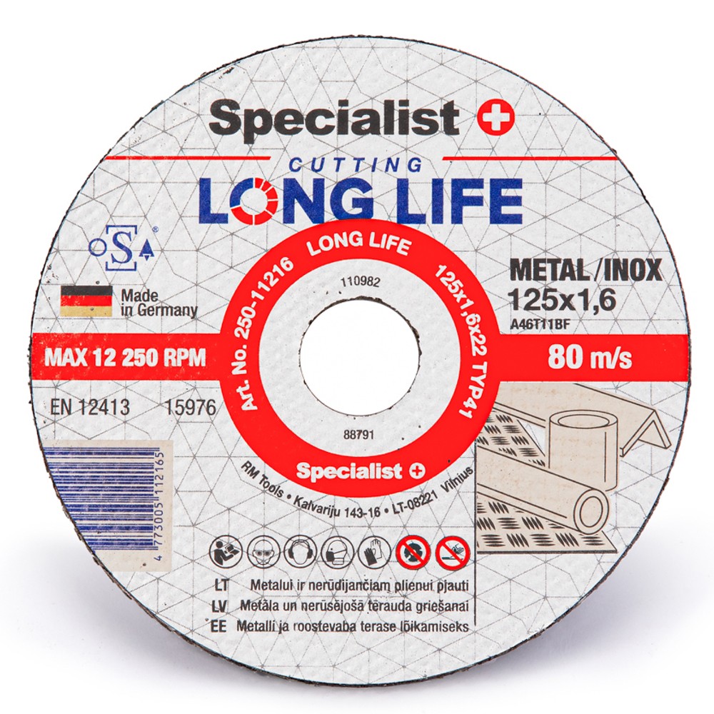 SPECIALIST+ metāla griešanas disks LONG LIFE, 125 x 1.6 x 22 mm