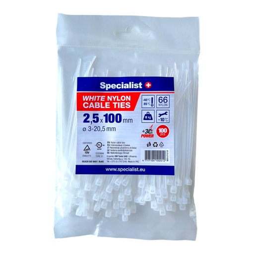 [81/3-2102B] SPECIALIST+ nailonist kaabliside, valge, 2.5x100 mm, 100 tk