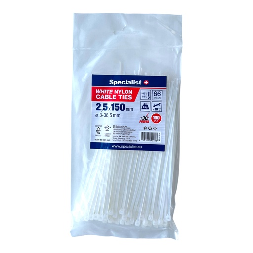 [81/3-2140B] SPECIALIST+ nailonist kaabliside, valge, 2.5x150 mm, 100 tk