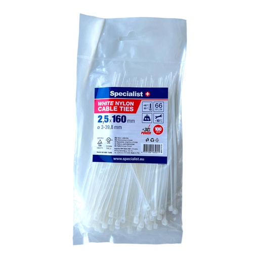 [81/3-2160B] SPECIALIST+ nailonist kaabliside, valge, 2.5x160 mm, 100 tk