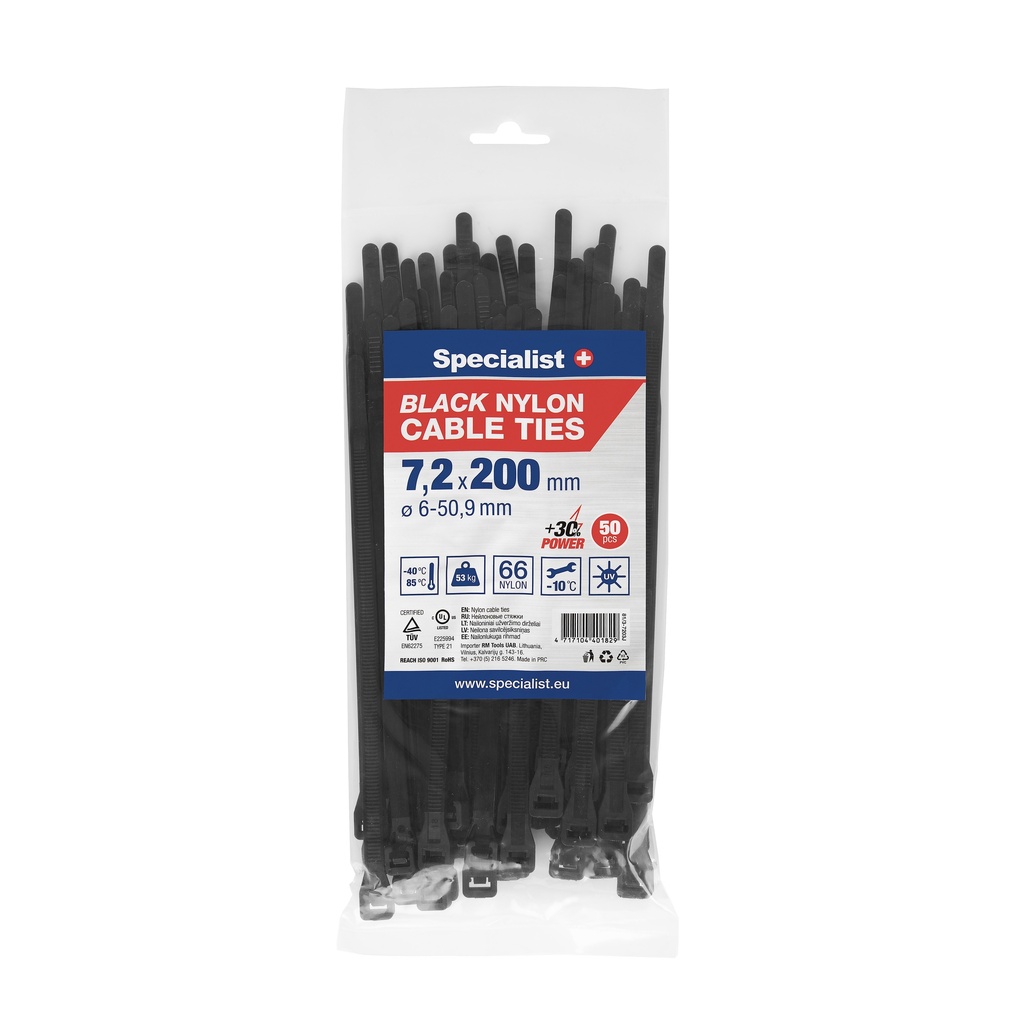 [81/3-7203J] SPECIALIST+ nylon cable ties, black, 7.6x200 mm, 50 pcs
