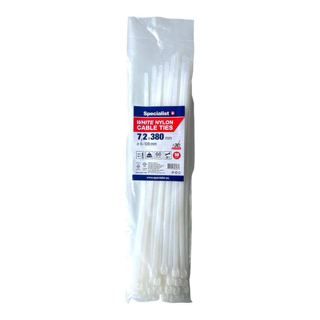 [81/3-7380B] SPECIALIST+ nylon cable ties, white, 7.6x380 mm, 50 pcs