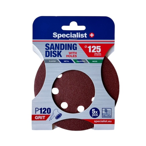 [250-2120] SPECIALIST+ velcro sanding disks with holes P120, 125 mm, 5 pcs