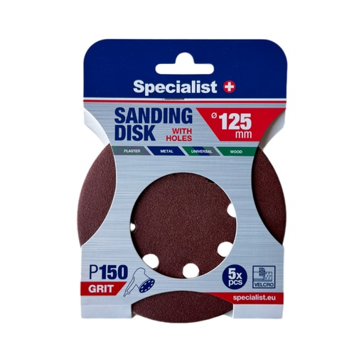 [250-2150] SPECIALIST+ velcro sanding disks with holes P150, 125 mm, 5 pcs