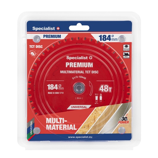 [51/3-18448] Pjovimo diskas 184x48Tx20/16mm, Multimaterial PREMIUM, SPECIALIST+