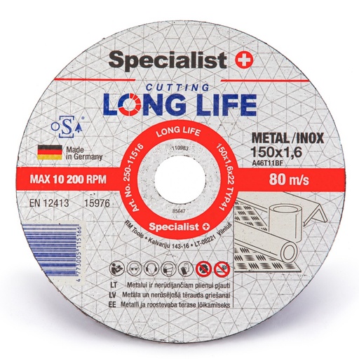 [250-11516] SPECIALIST+ metāla griešanas disks LONG LIFE, 150 x 1.6 x 22 mm